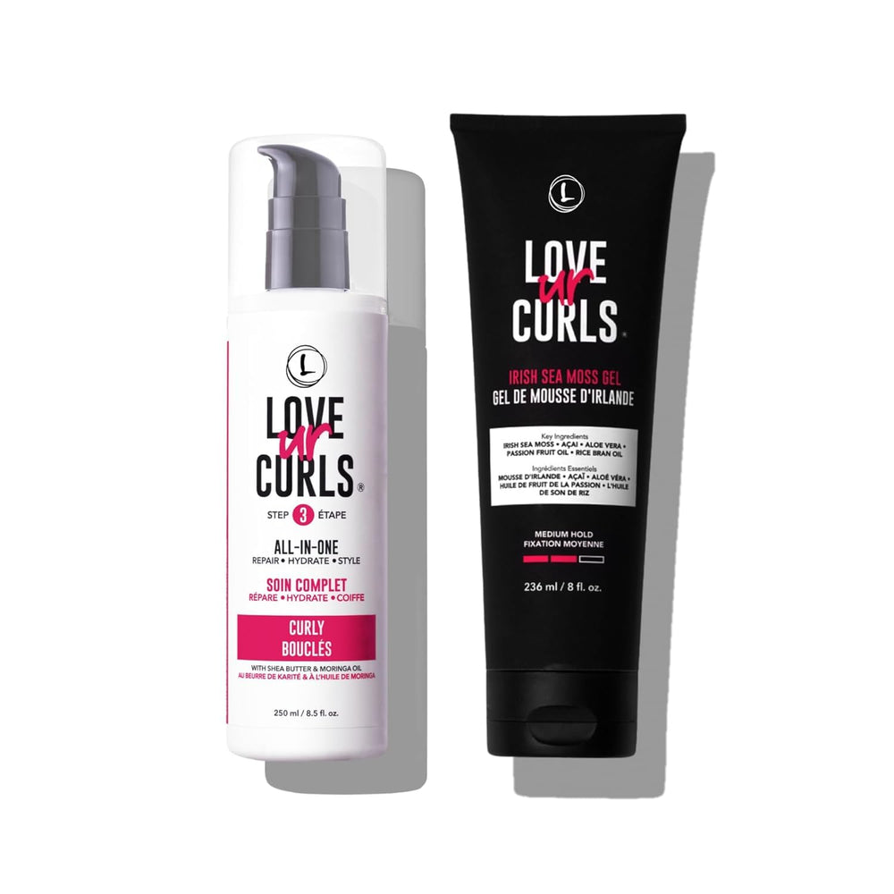 Love Ur Curls all-in-one curl cream bottle for defined, frizz-free curls.