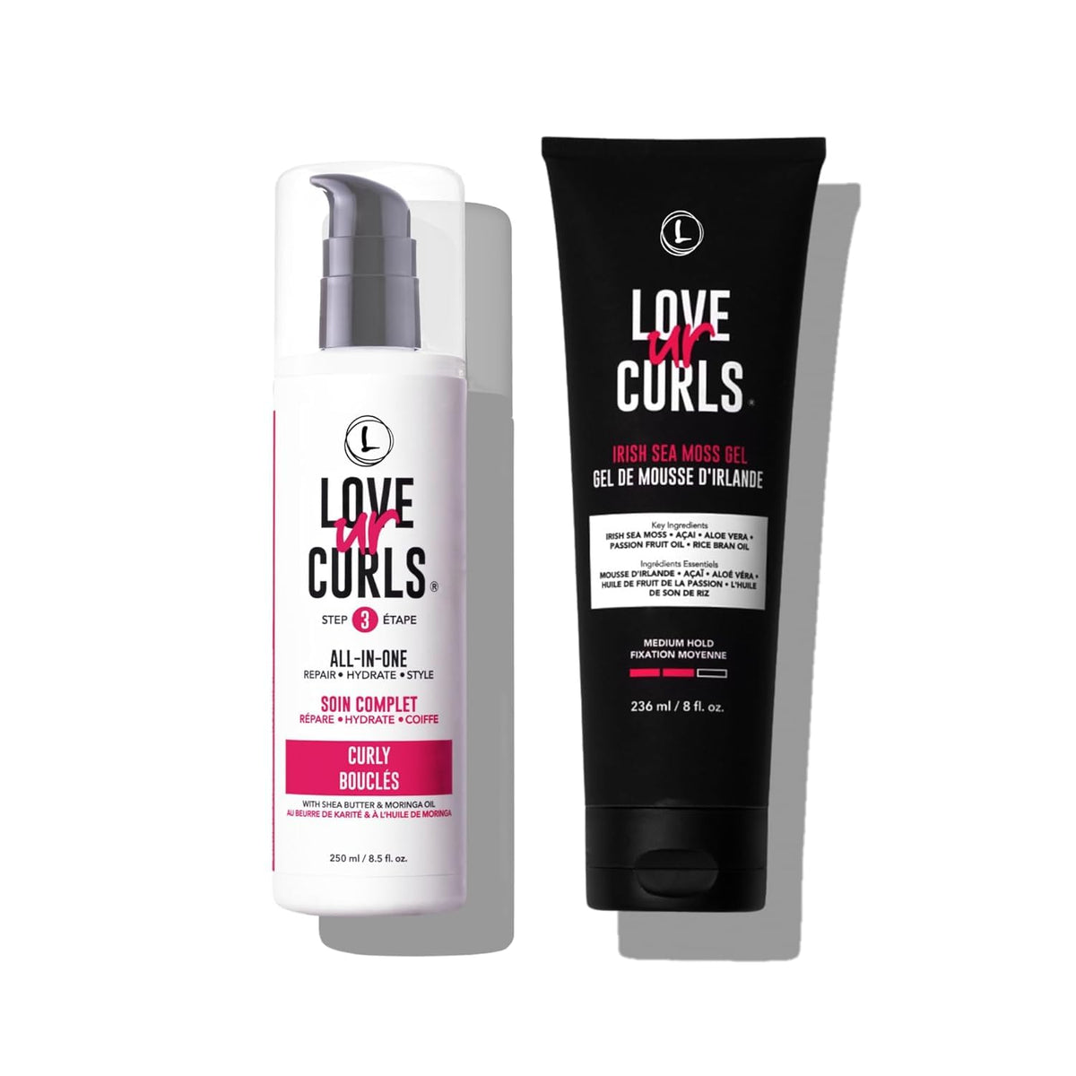 Love Ur Curls all-in-one curl cream bottle for defined, frizz-free curls.