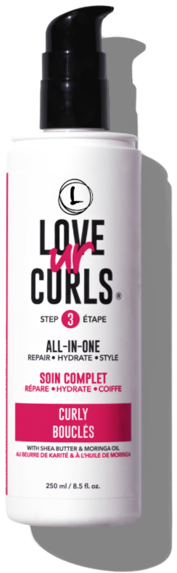 Love Ur Curls all-in-one curl cream bottle for defined, soft curls without crunch.