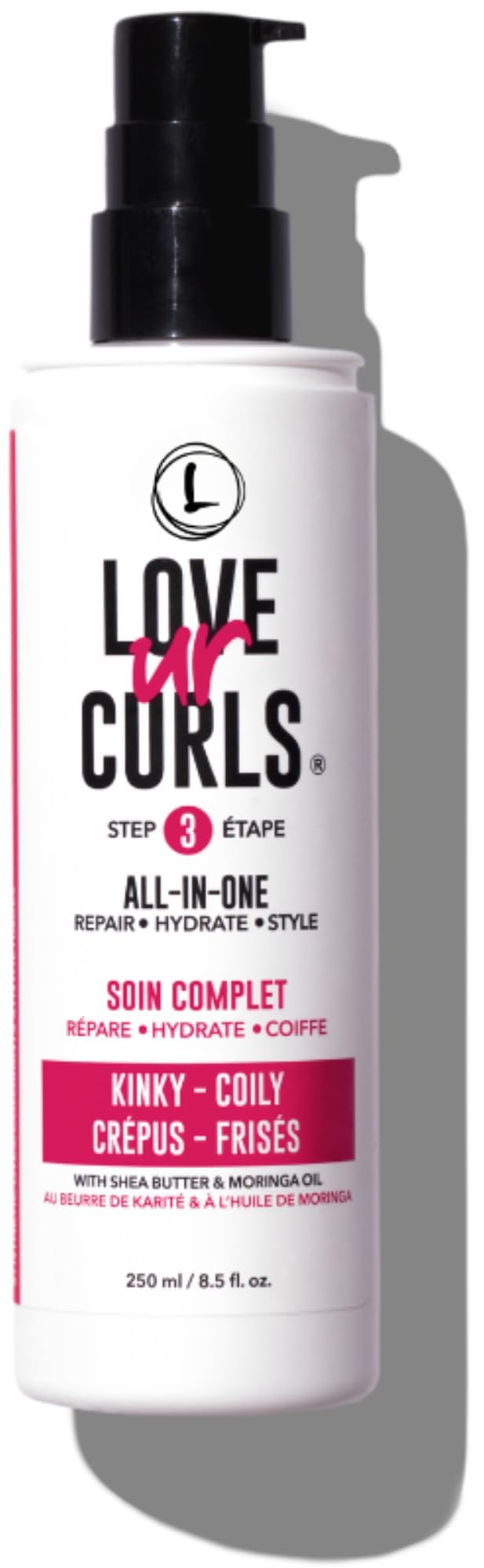 Love Ur Curls all-in-one styler bottle demonstrates effortless styling and deep hydration.