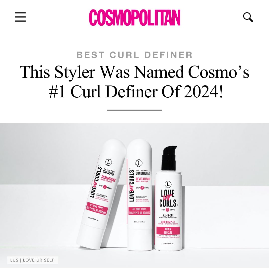 Love Ur Curls all-in-one styler bottle angled for defining curls without crunch.