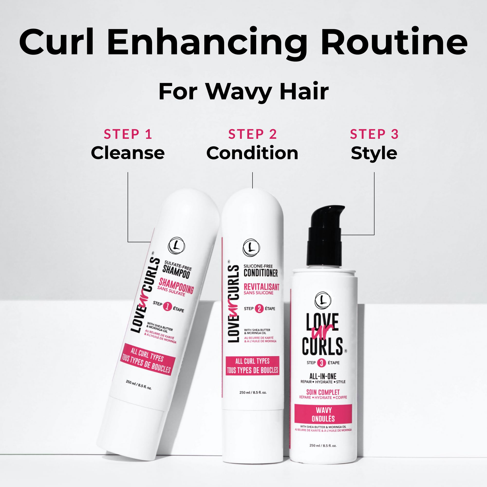 Love Ur Curls conditioner bottle highlighting detangling and lasting moisture for easy styling.