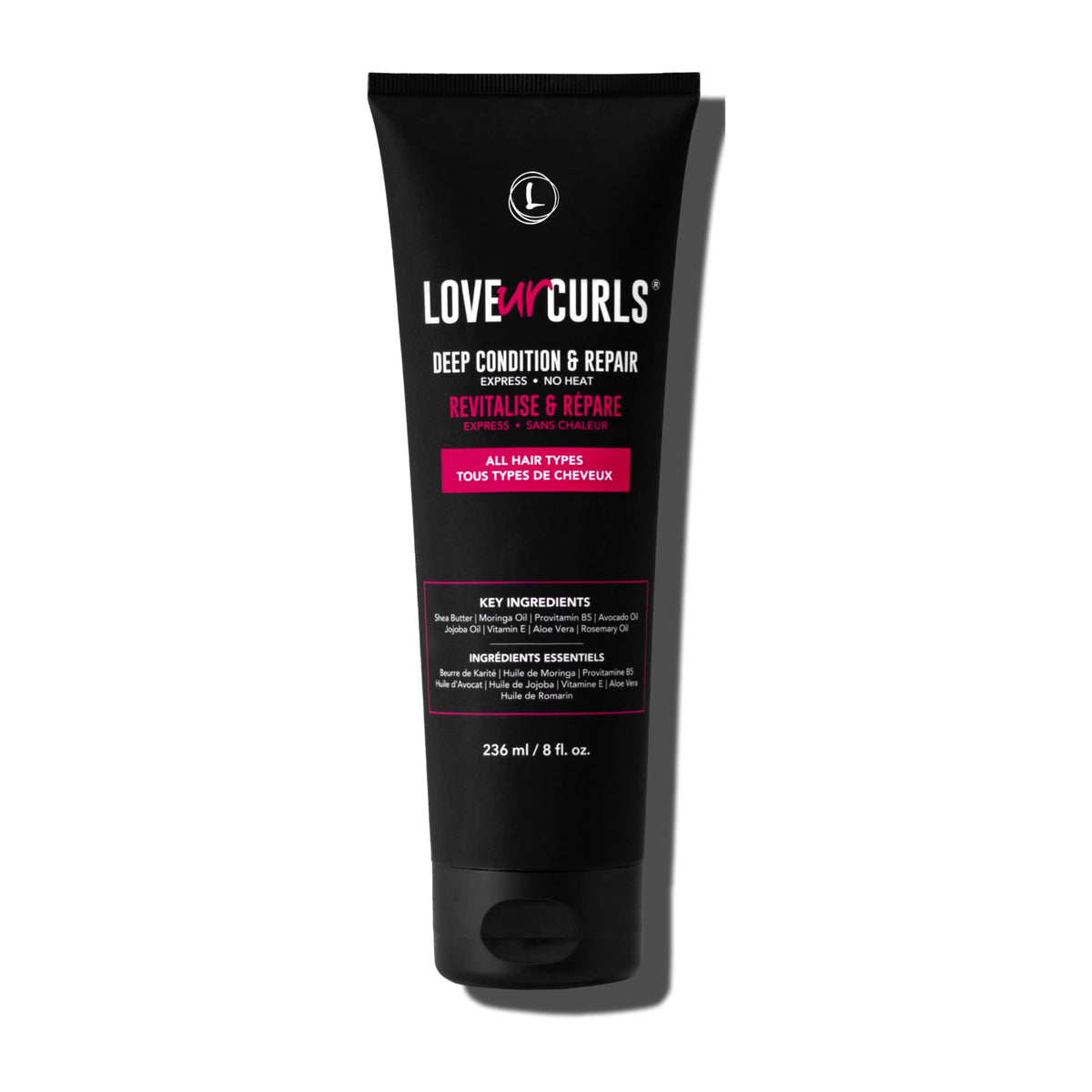 Love Ur Curls deep conditioner bottle showing moisturizing formula for frizz control