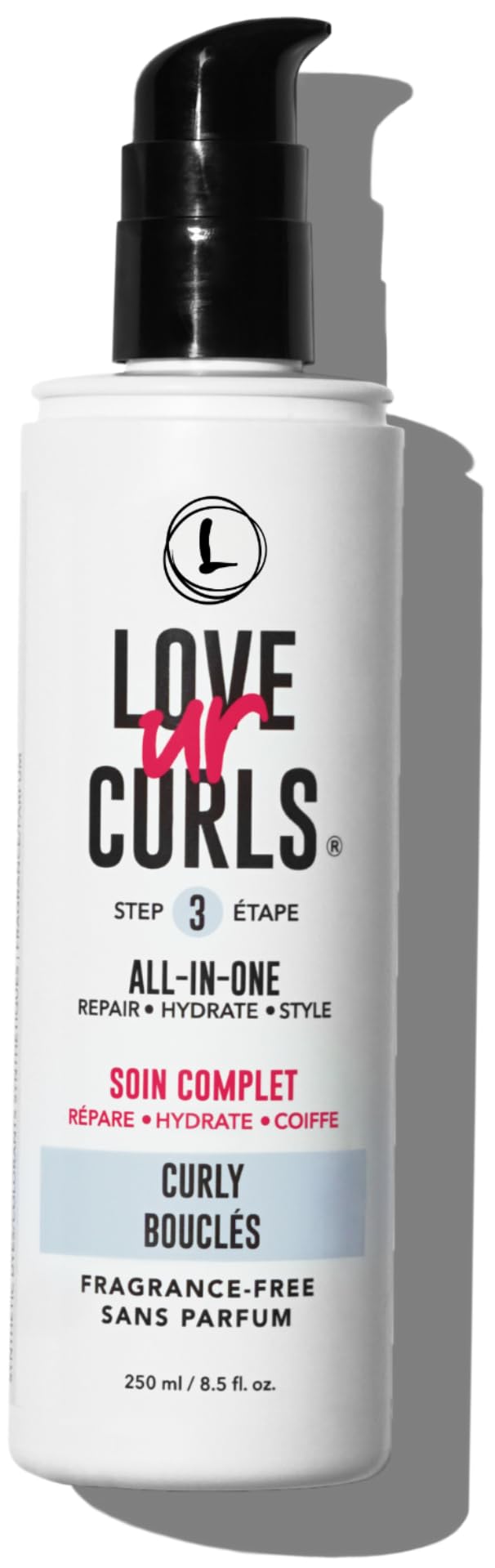 Love Ur Curls fragrance-free all-in-one curl cream bottle delivers hydrated, defined curls