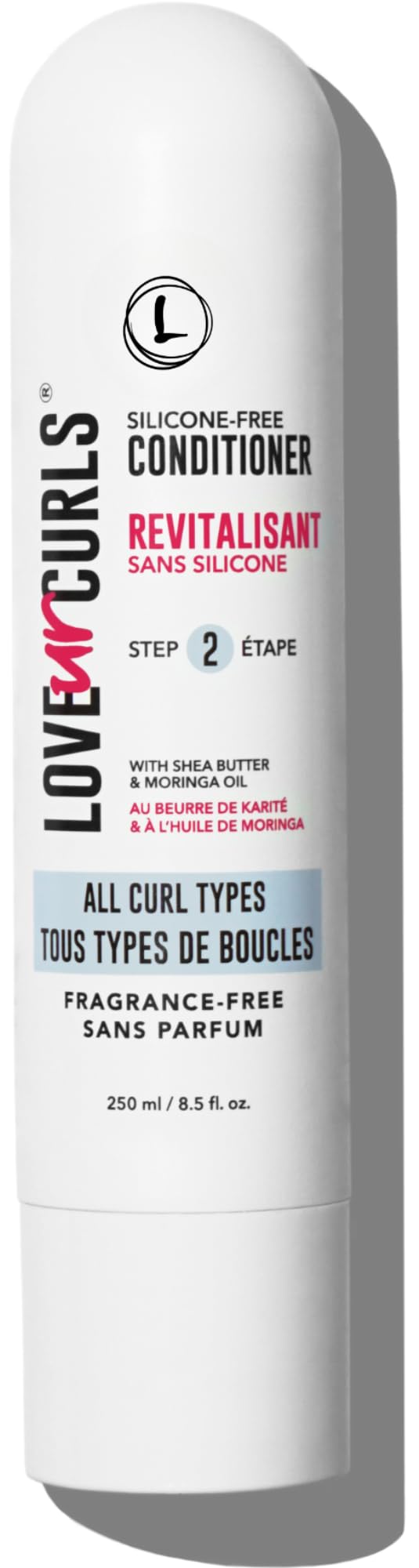 Love Ur Curls fragrance-free conditioner bottle pouring for silky, hydrated curls.