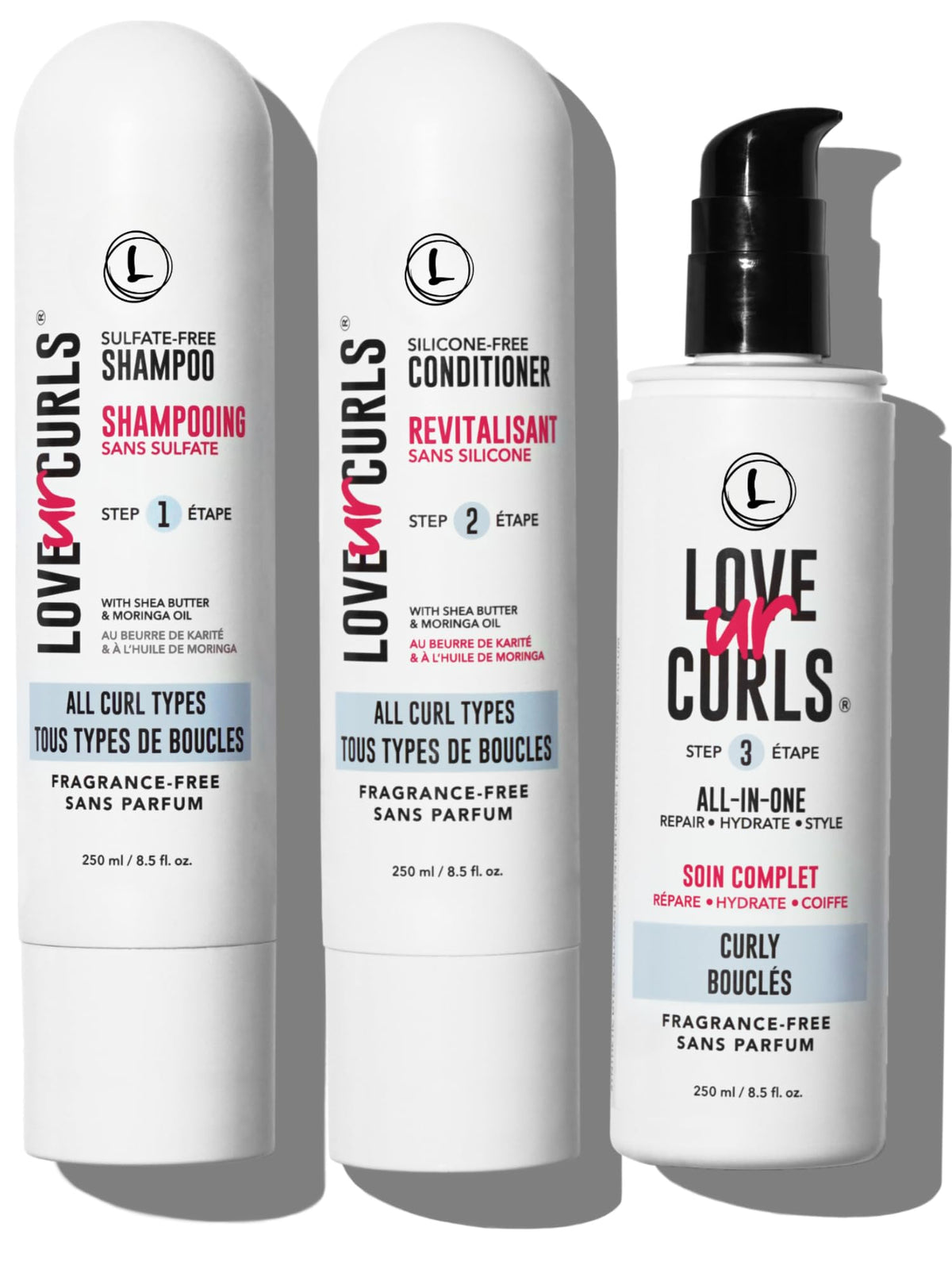 Love Ur Curls fragrance-free shampoo bottle angled for easy detangling and cleansing.