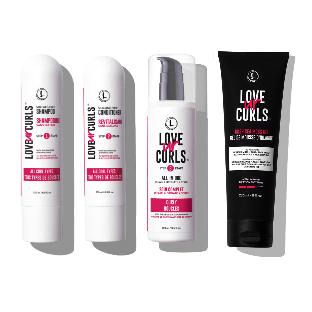 Love Ur Curls Gentle Moisturizing Shampoo bottle pour promotes gentle cleansing for bouncy curls
