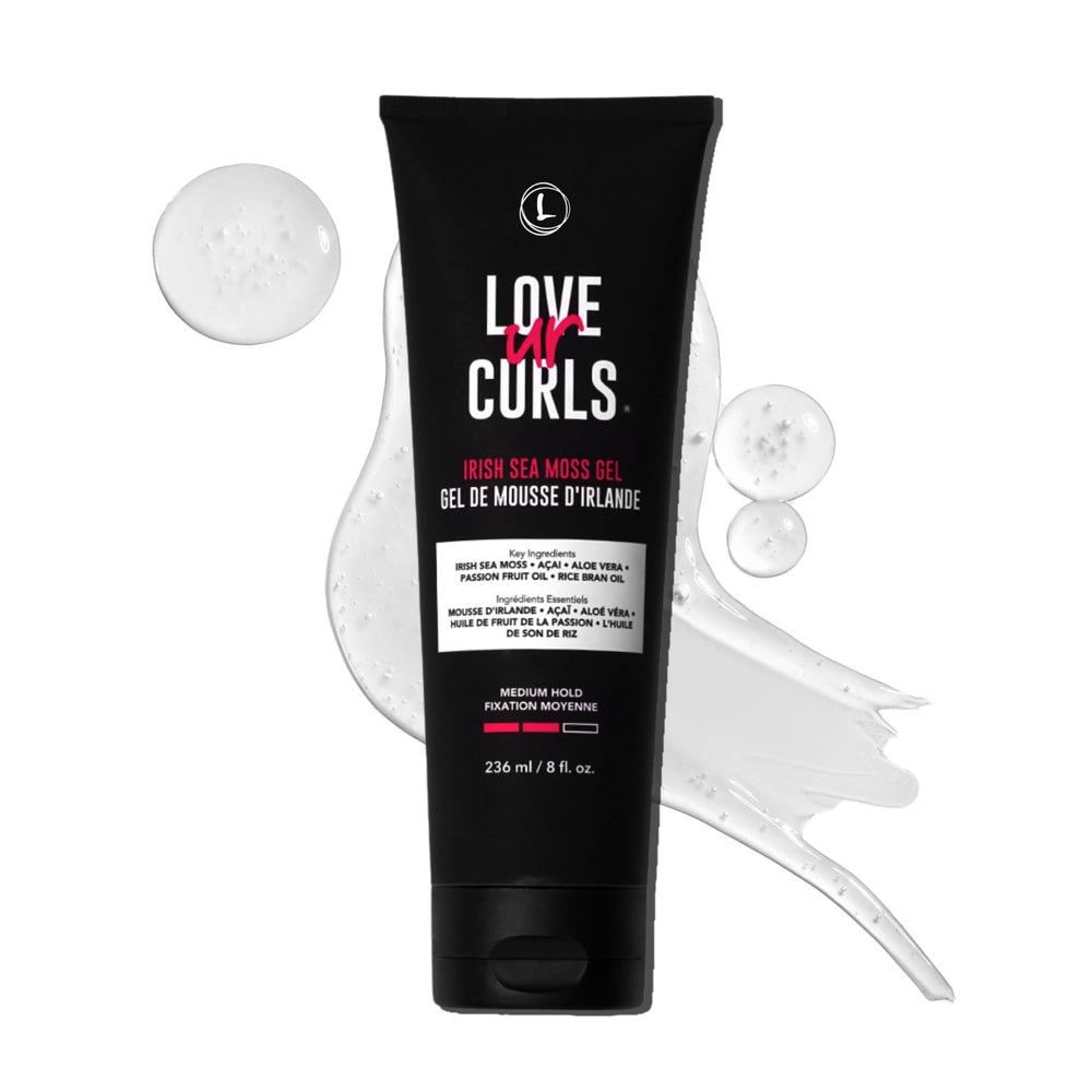 Love Ur Curls Irish Sea Moss Gel bottle highlights easy application for defined, touchable curls.