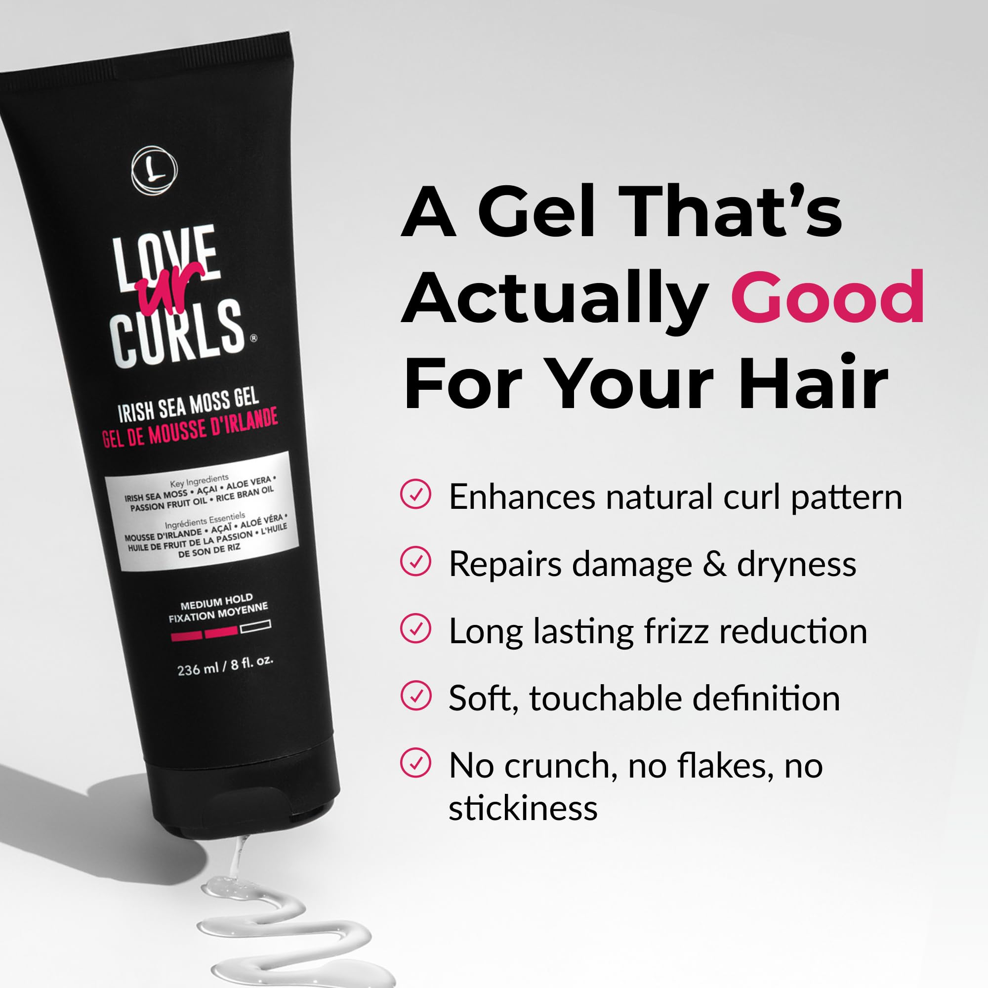 Love Ur Curls Irish Sea Moss Gel pump dispenser image emphasizes controlled release for day-long styling.