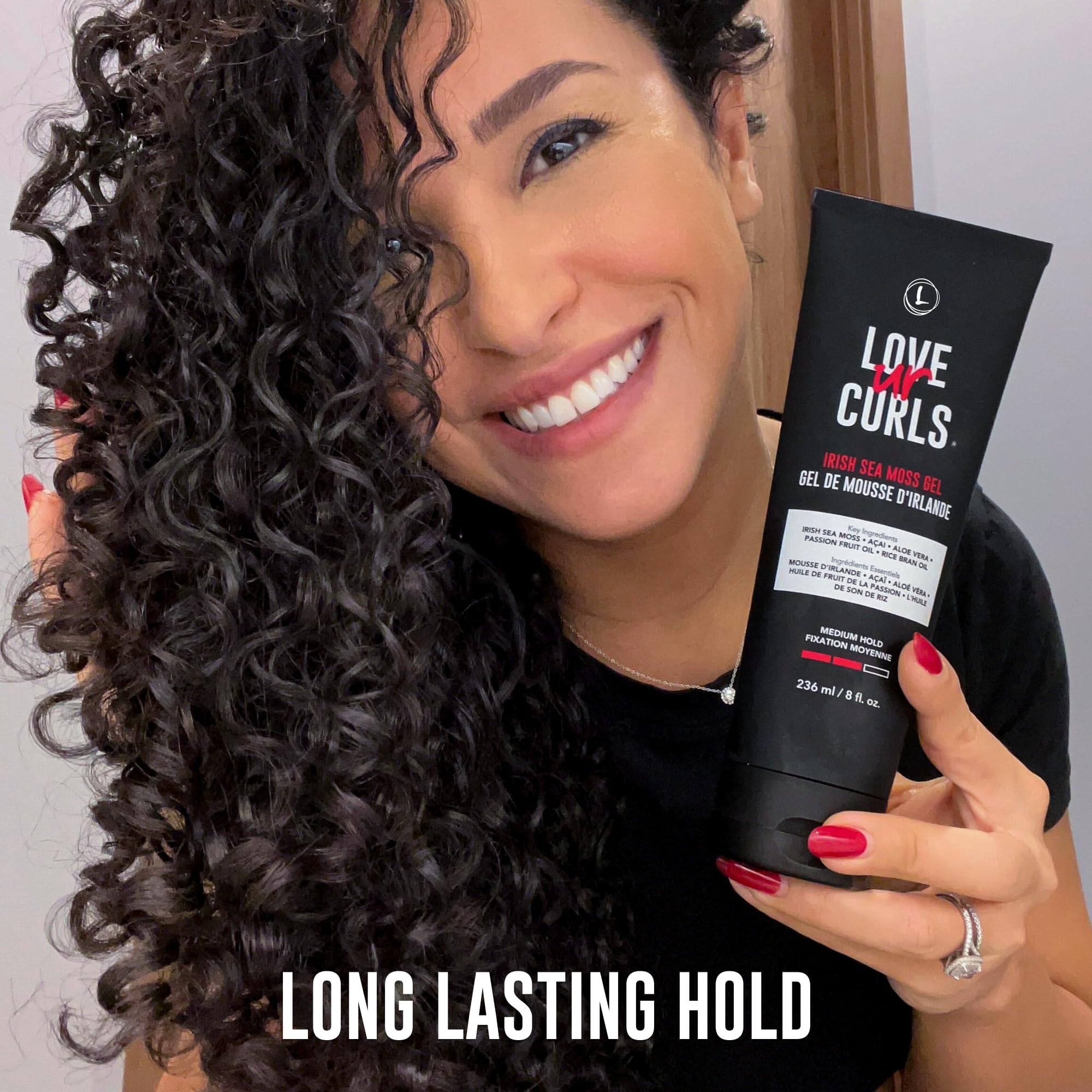 Love Ur Curls Irish Sea Moss Gel waves and coils close-up communicates shine and hydration.