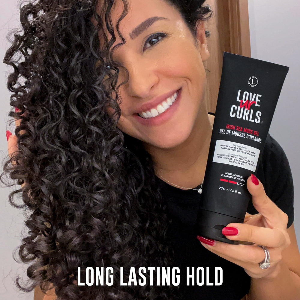 Love Ur Curls Irish Sea Moss Gel waves and coils close-up communicates shine and hydration.