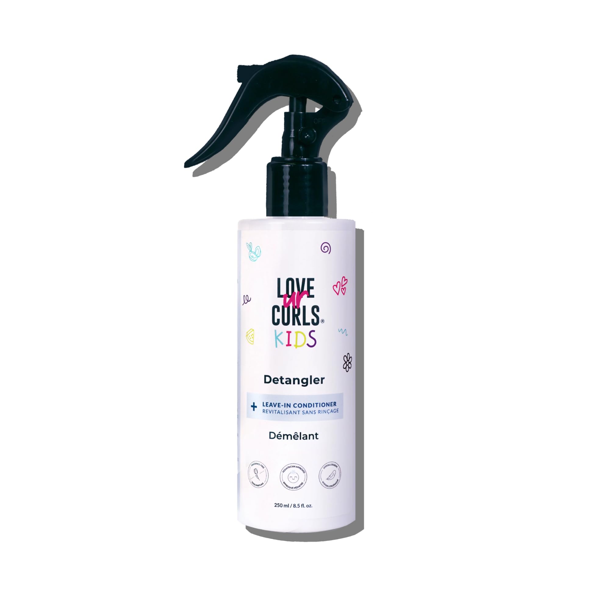 Love Ur Curls Kids Detangler spray bottle demonstrates gentle detangling with watermelon seed oil.