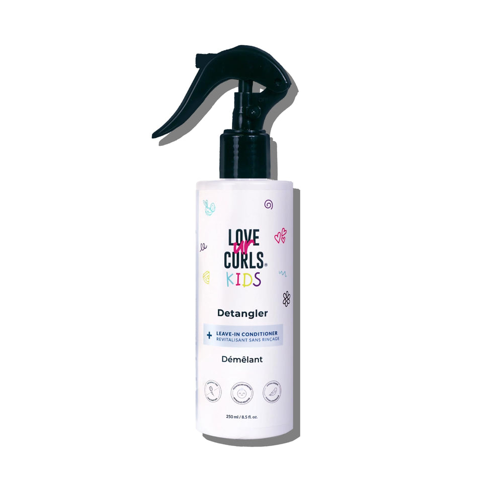 Love Ur Curls Kids Detangler spray bottle demonstrates gentle detangling with watermelon seed oil.