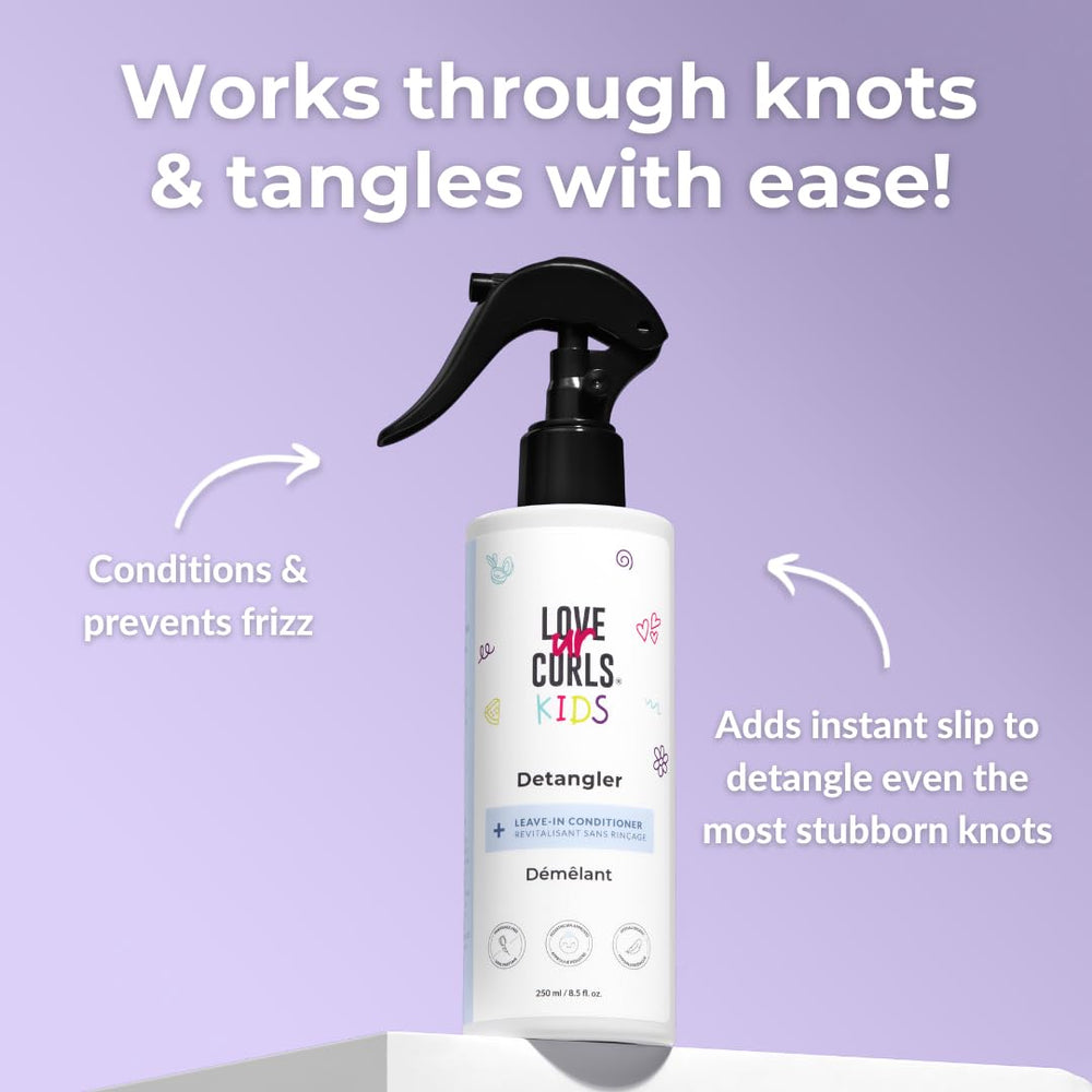 Love Ur Curls Kids Detangler spray shows application on knot-prone curls for easy slip.