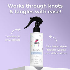 Love Ur Curls Kids Detangler spray shows application on knot-prone curls for easy slip.