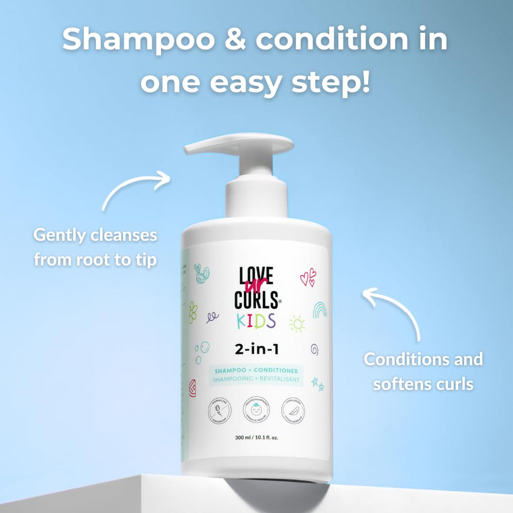 Love Ur Curls Kids Luck 2in1 shampoo label highlights fragrance-free formula for sensitive scalps
