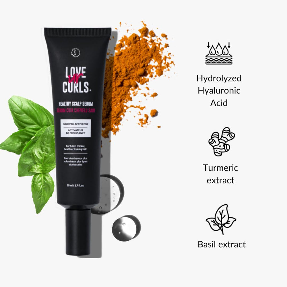 Love Ur Curls scalp serum in hand shows quick, non-greasy hydration for curls