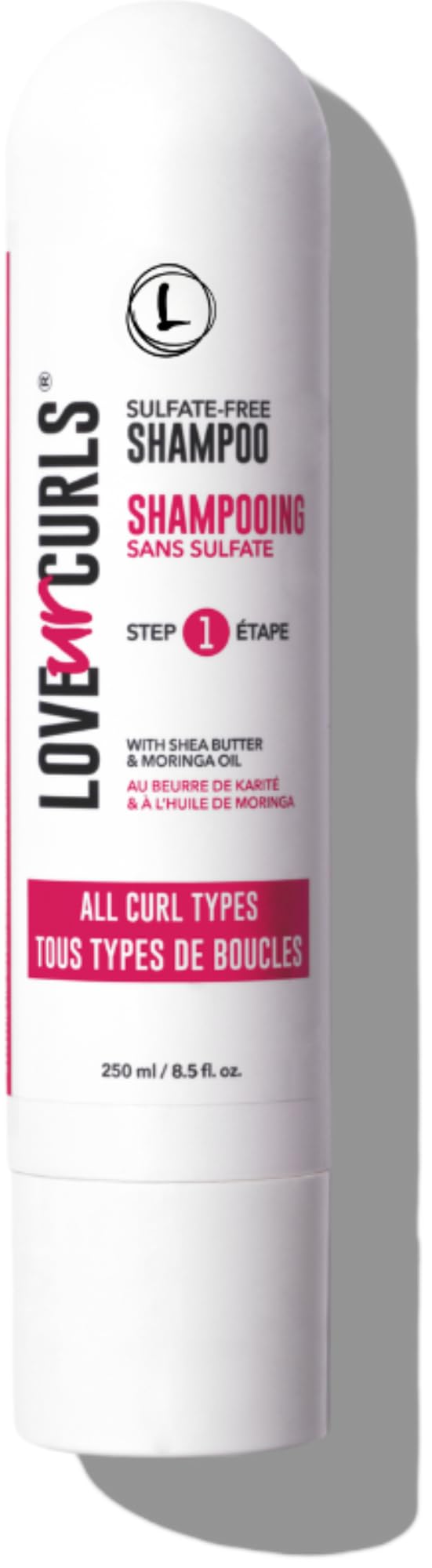Love Ur Curls Shampoo bottle closeup demonstrates gentle cleansing for curly hair
