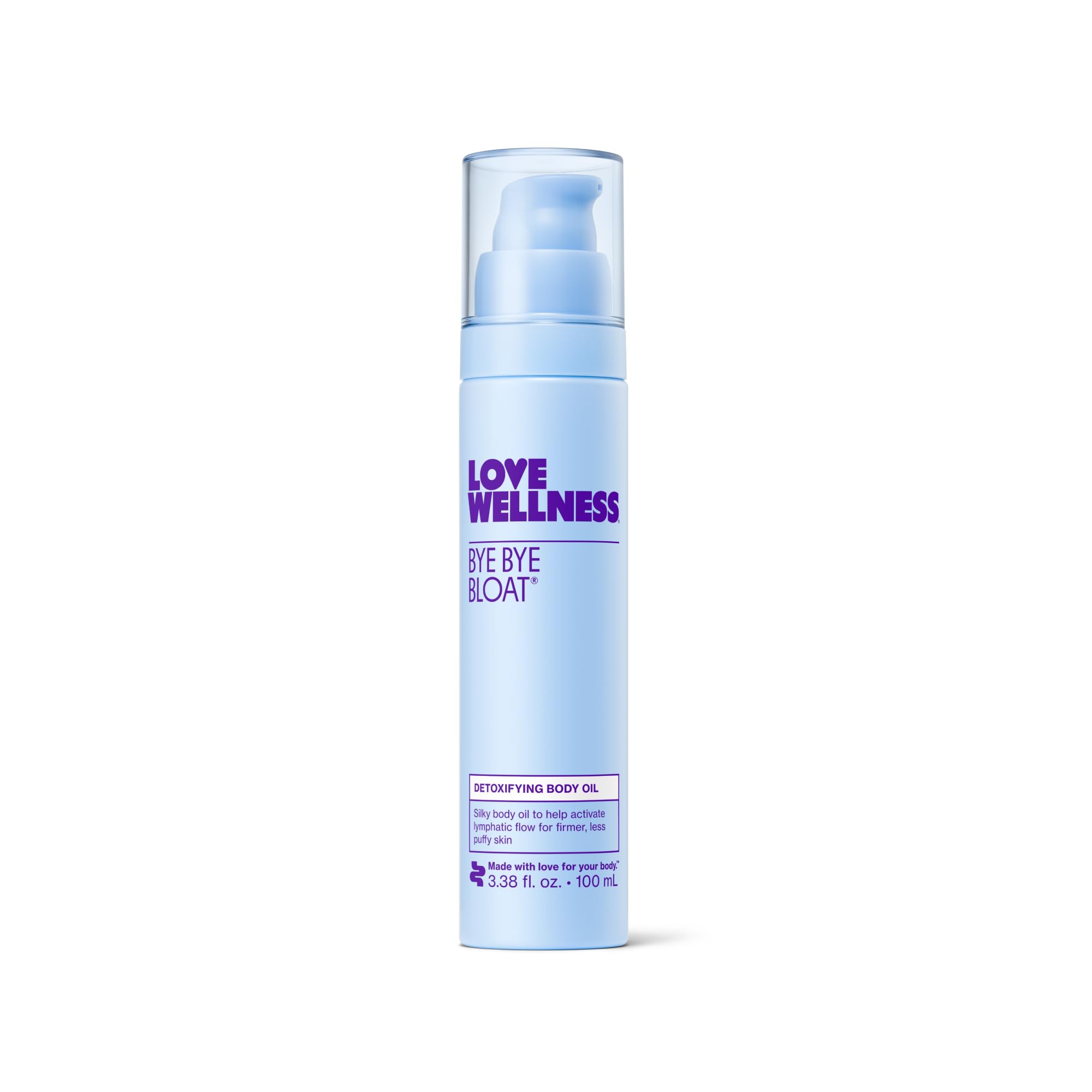 Love Wellness Bye Bye Bloat oil bottle ready for a hydrating, depuffing massage.