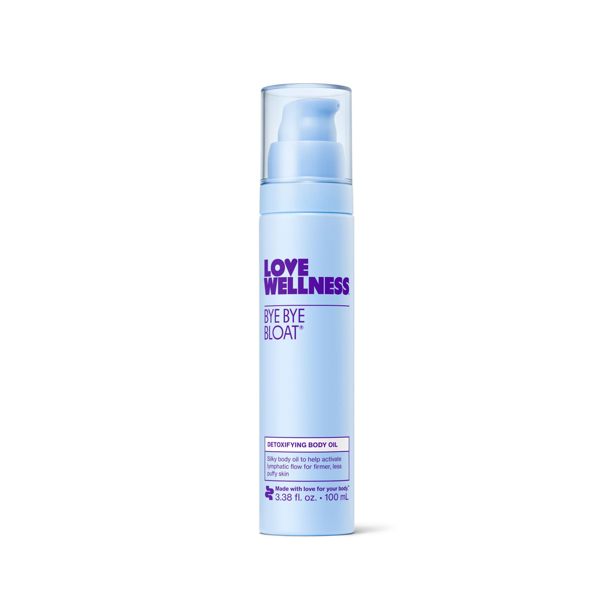 Love Wellness Bye Bye Bloat oil bottle ready for a hydrating, depuffing massage.