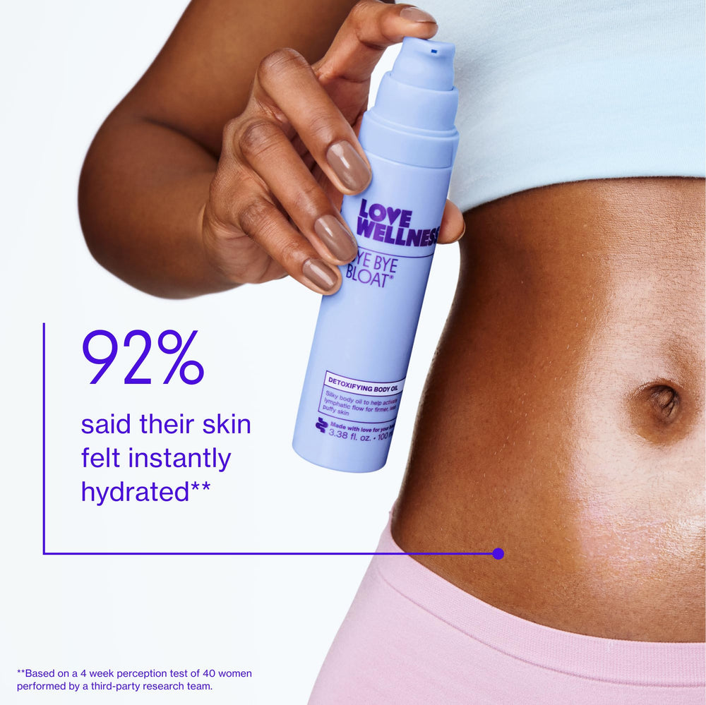 Love Wellness Bye Bye Bloat oil with grapefruit aroma for bright skin ritual.