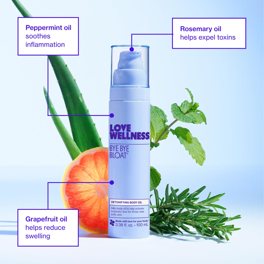 Love Wellness Bye Bye Bloat oil highlighting peppermint as a refreshing ingredient.