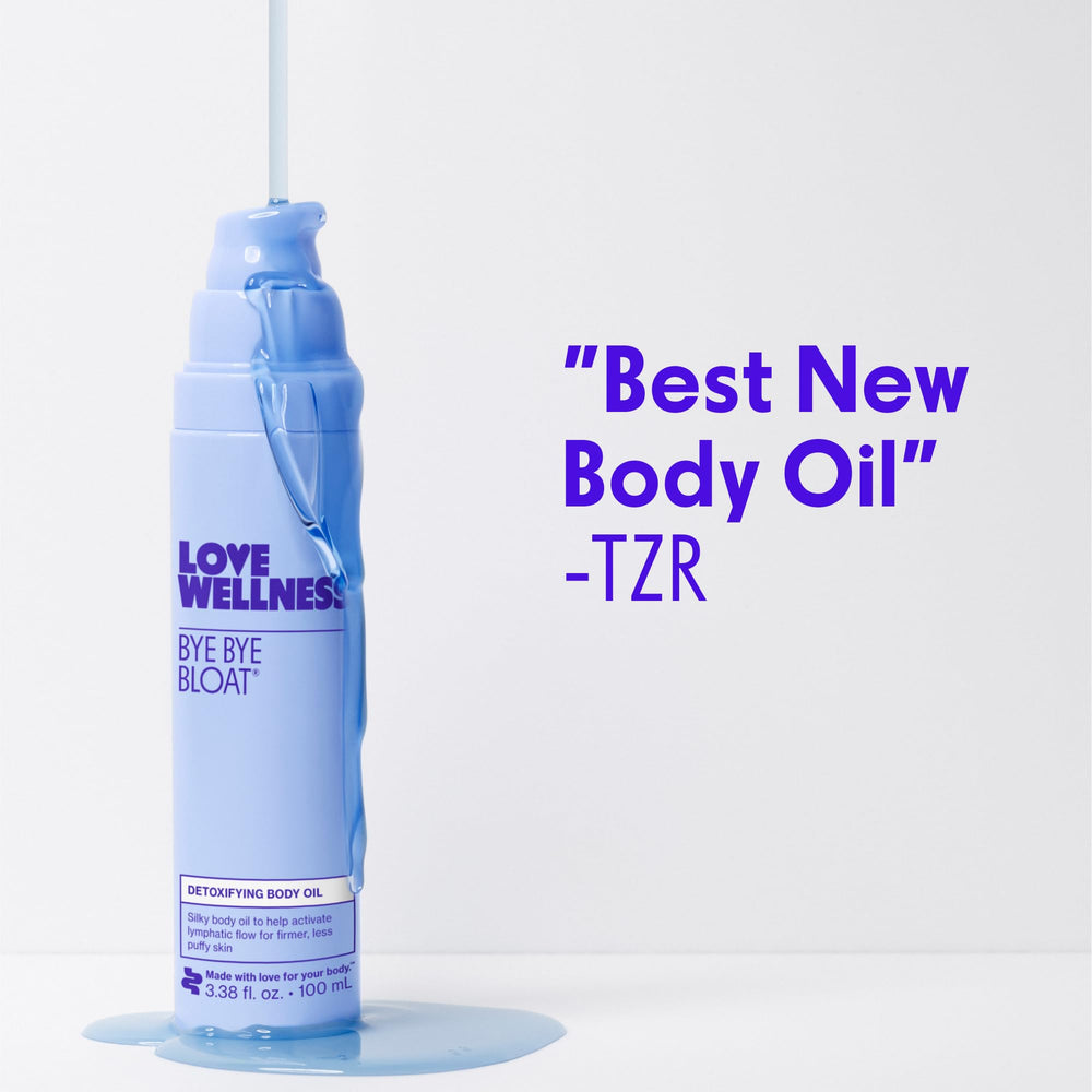 Love Wellness Bye Bye Bloat oil featuring rosemary for an herbal scent during application.
