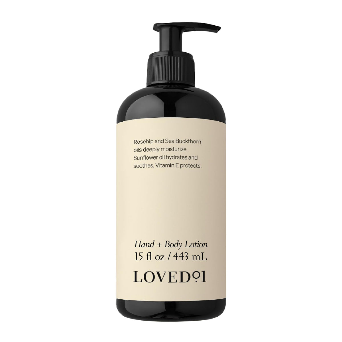 Loved01 Hand & Body Lotion bottle—fragrance-free daily hydration for all skin types.
