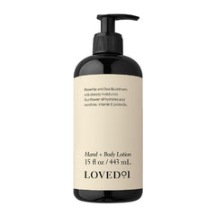 Loved01 Hand & Body Lotion bottle—fragrance-free daily hydration for all skin types.