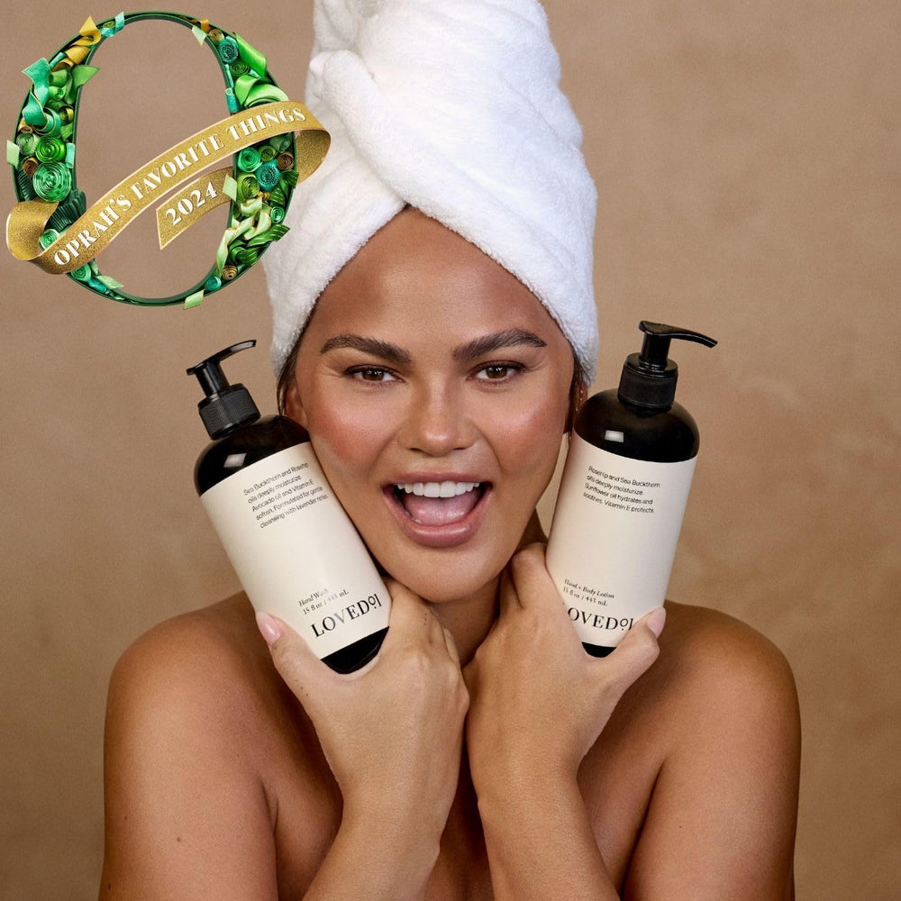 Loved01 Hand Lotion bottle shows lightweight hydration for hands and body.