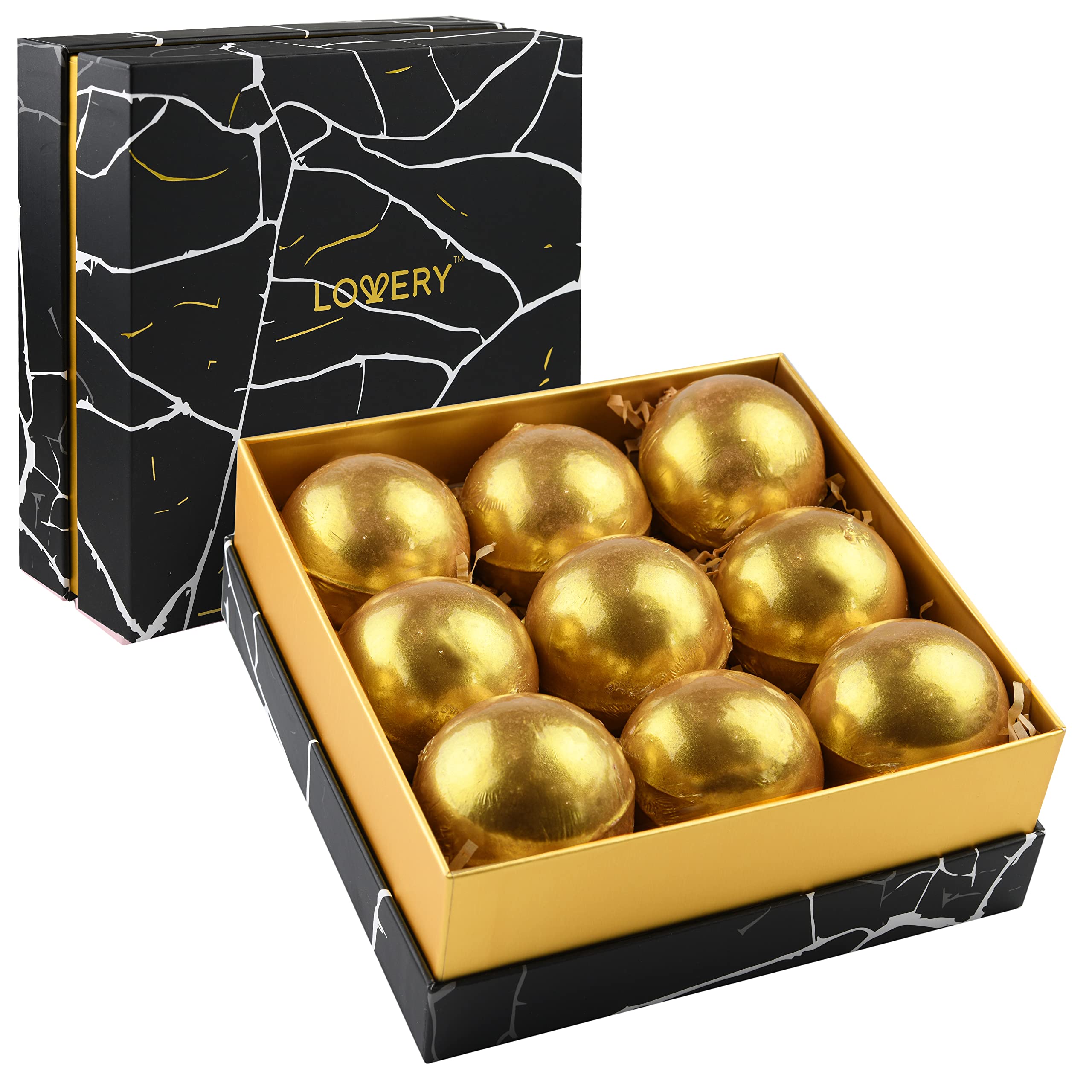 Lovery 24K gold bath bombs set in shimmering gift box ideal for at-home spa pampering.