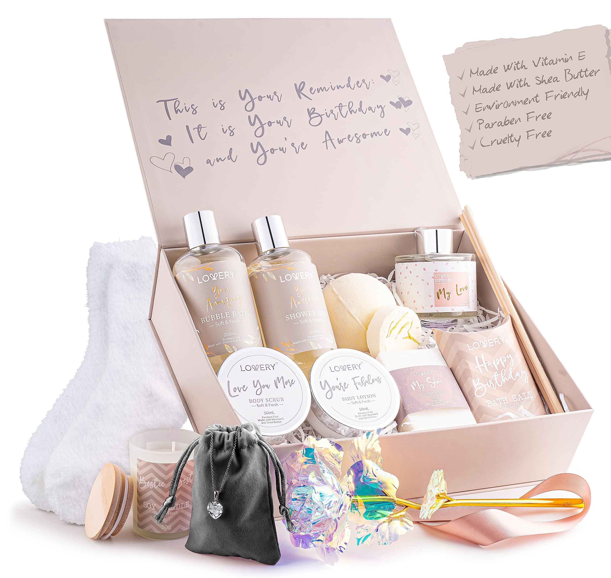 LOVERY bath spa set items closeup showing luxury bath products and accessories.