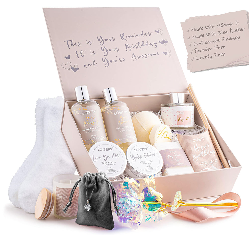 LOVERY bath spa set items closeup showing luxury bath products and accessories.