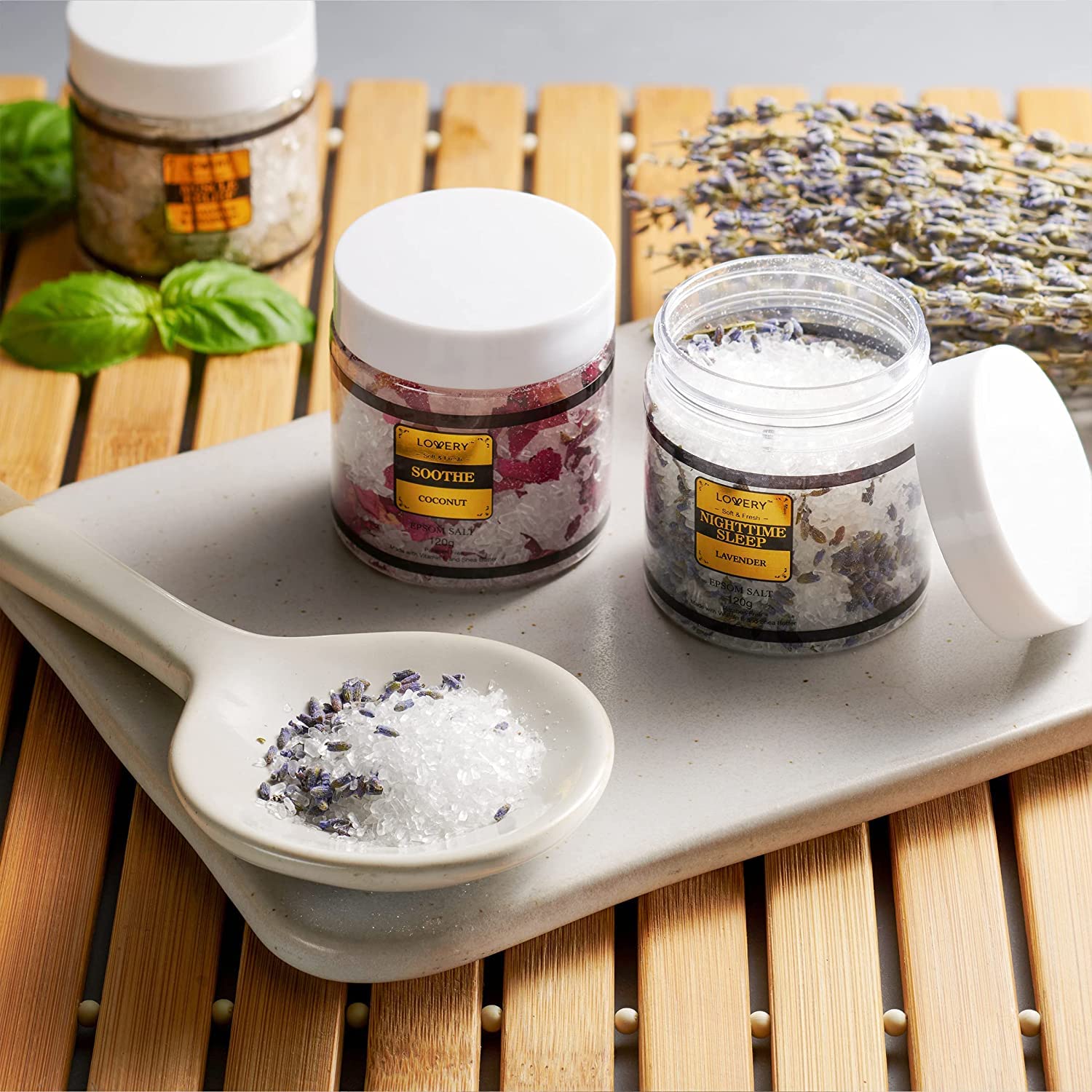 LOVERY Honey Almond bath salts jar blends sweet scent with skin-nourishing oils