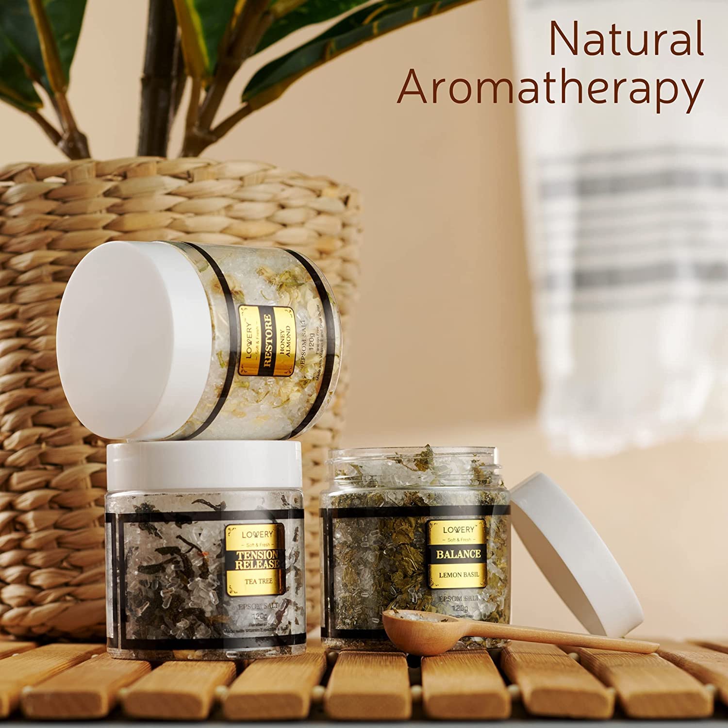 LOVERY Lemon Basil bath salts jar offers uplifting citrus soak