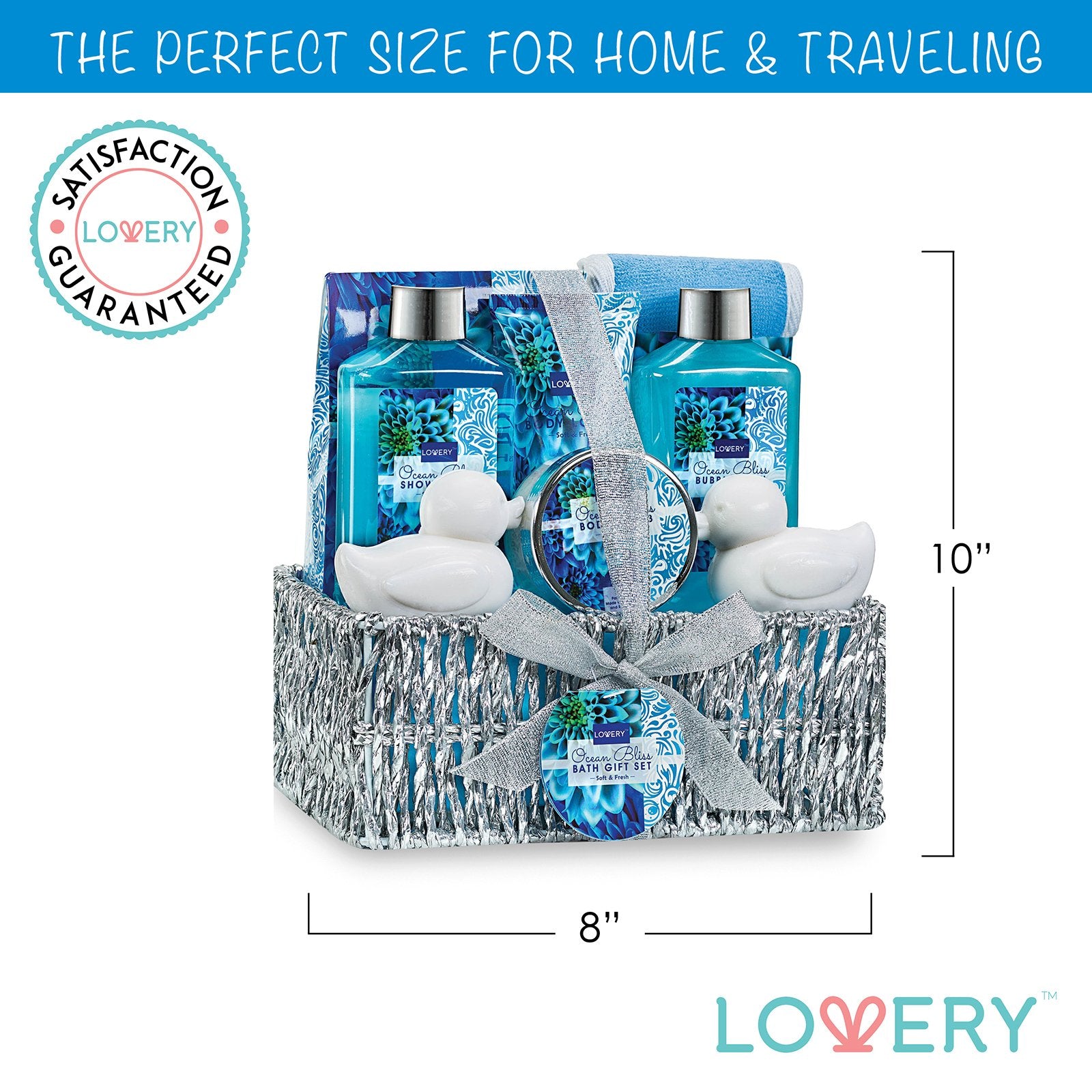 LOVERY Exfoliating loofah back scrubber with silver basket for pampering.