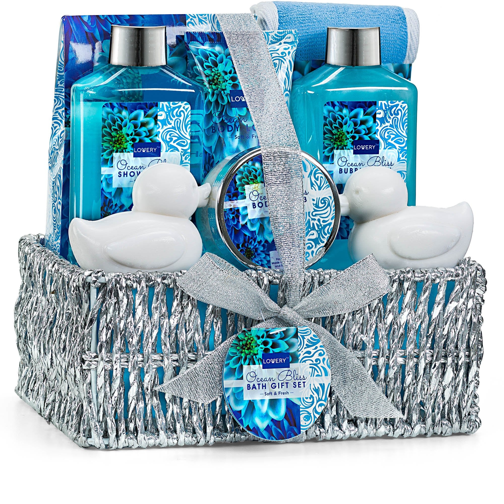 LOVERY Home Spa Gift Basket Ocean Bliss front view, ideal for gifting.