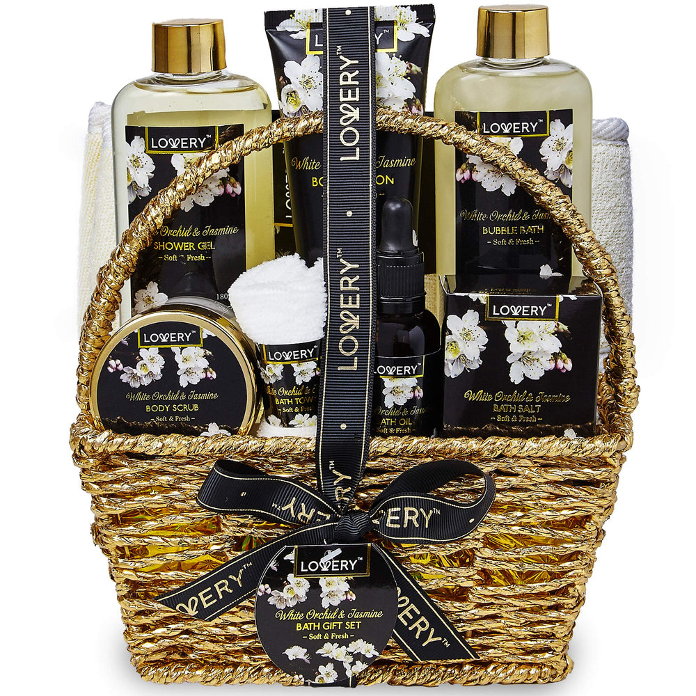 LOVERY Orchid Jasmine Bath Set in a gold-wrapped gift basket for a luxurious spa experience