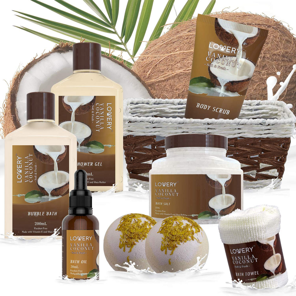 LOVERY vanilla coconut bath bombs provide fizz and soothing aroma.
