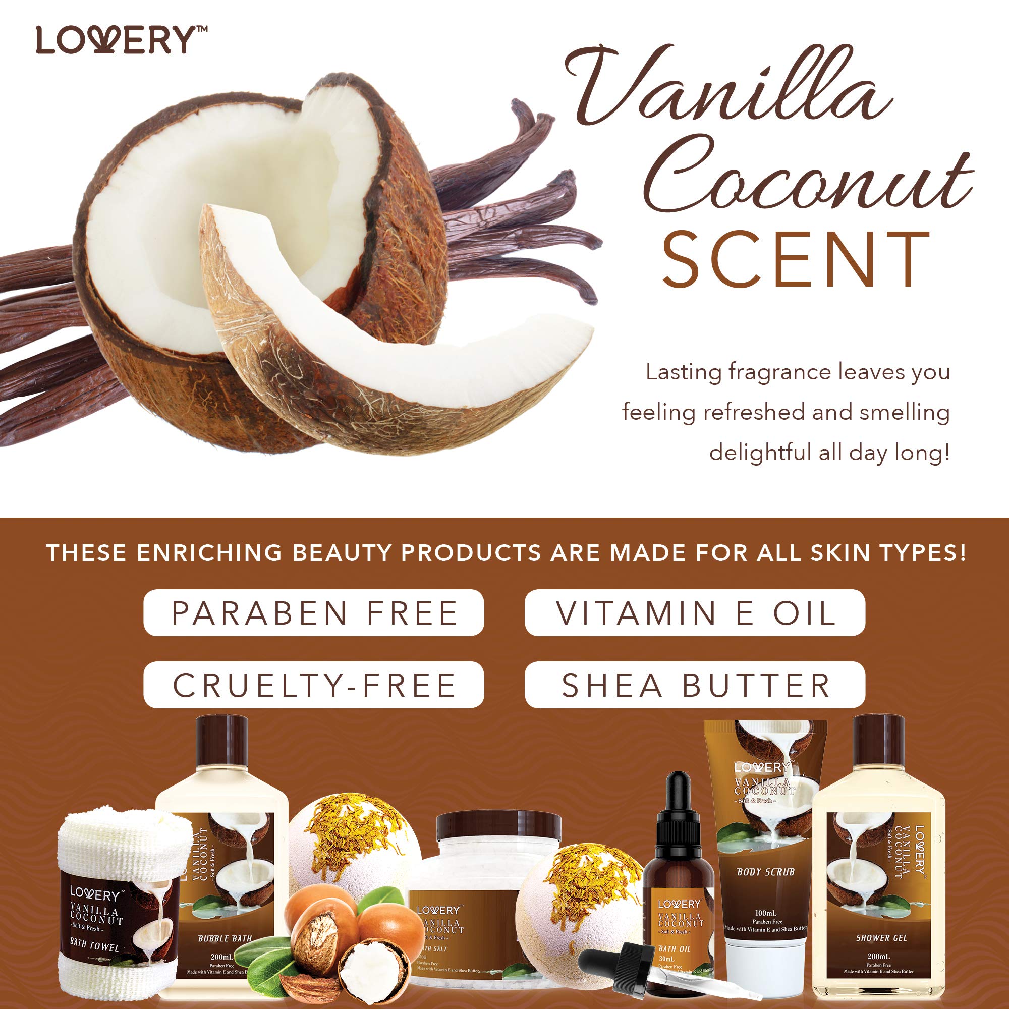 LOVERY vanilla coconut body oil nourishes skin and leaves a silky finish.