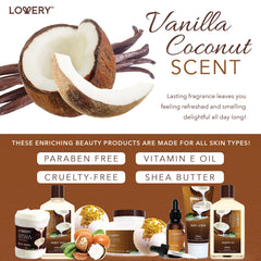 LOVERY vanilla coconut body oil nourishes skin and leaves a silky finish.