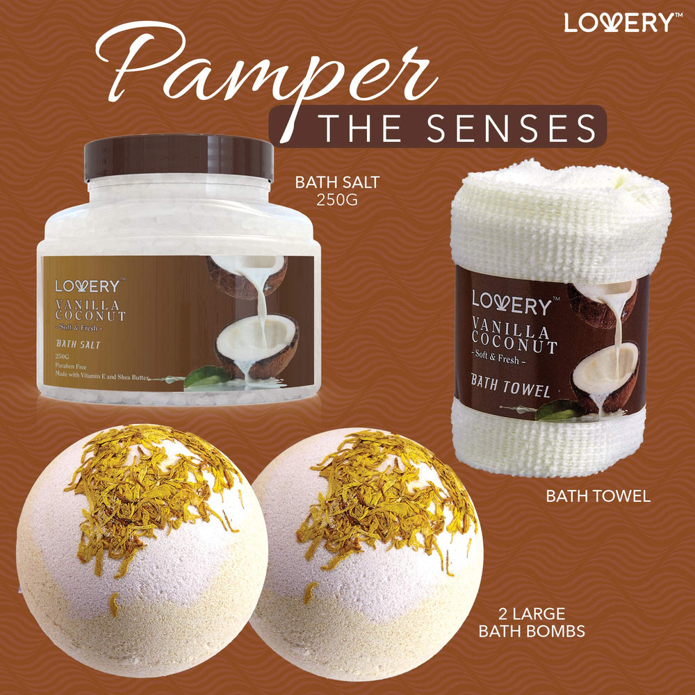 LOVERY vanilla coconut body scrub delivers exfoliating texture for smoother skin.