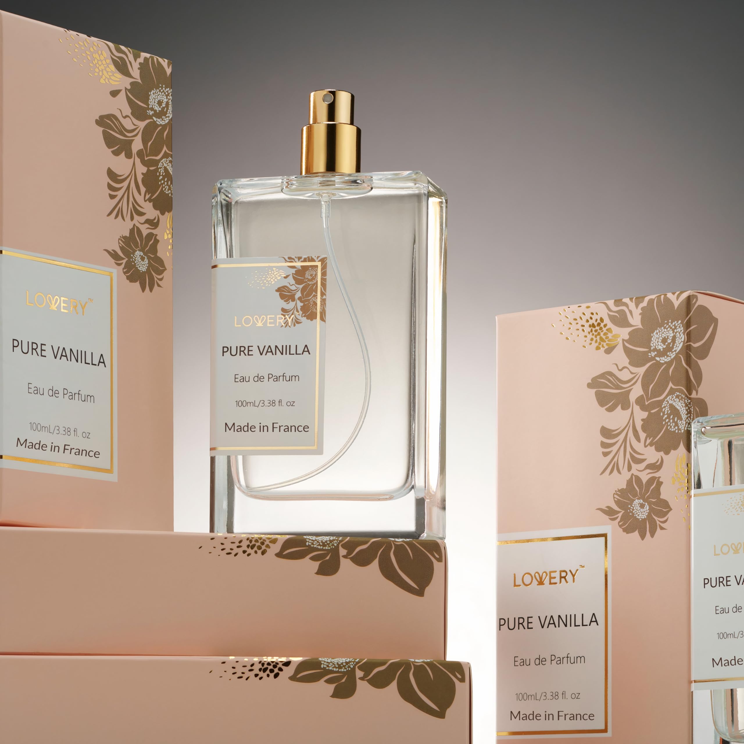 LOVERY vanilla perfume on dresser conveys luxury ambiance