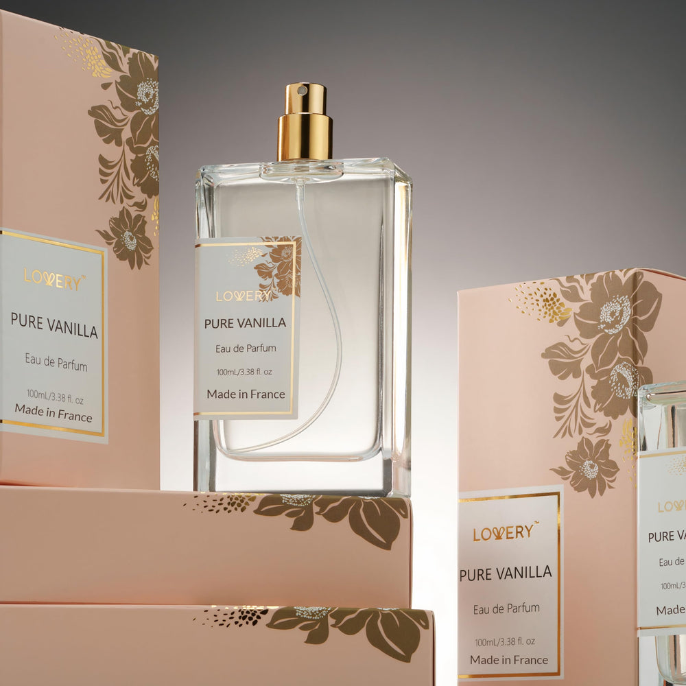 LOVERY vanilla perfume on dresser conveys luxury ambiance