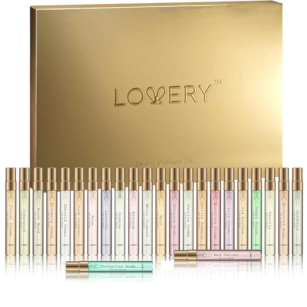 Lovery women's gifts set in gold box with 24 luxe 8ml perfumes for holiday gifting.