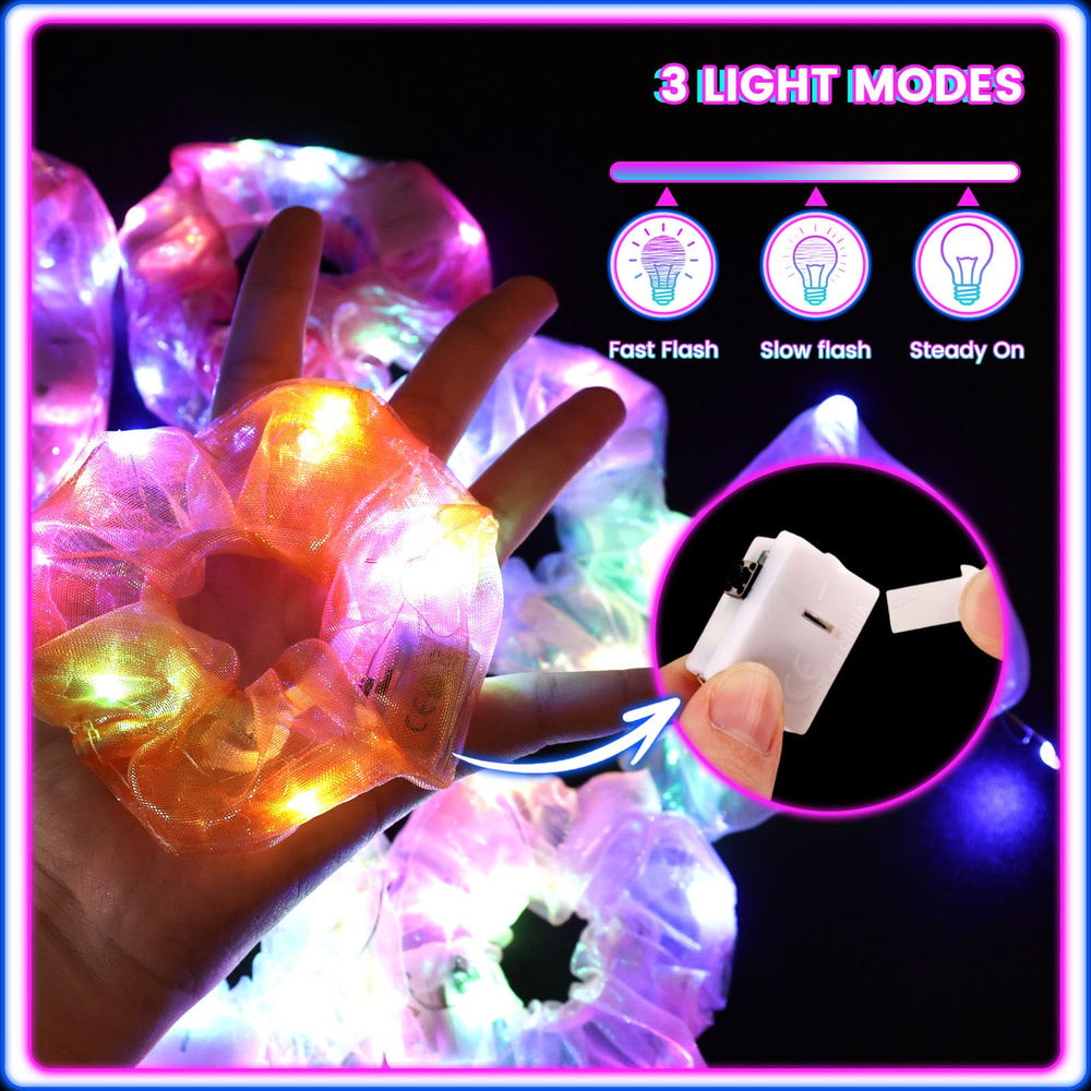 LovesTown LED scrunchies on head showcase bright glow for festive looks.