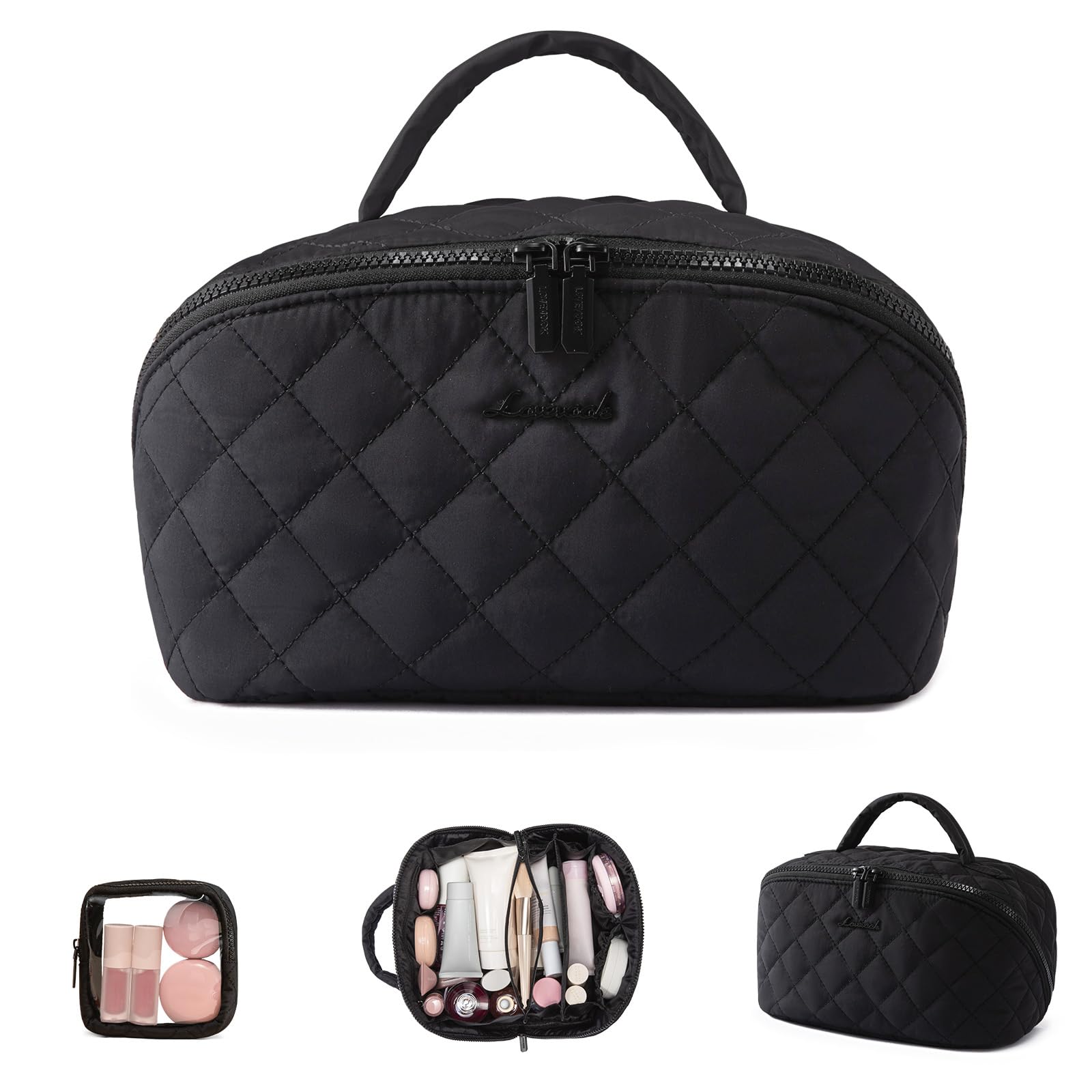 LOVEVOOK travel makeup bag open flat reveals 5-compartment layout for quick access