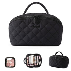 LOVEVOOK travel makeup bag open flat reveals 5-compartment layout for quick access