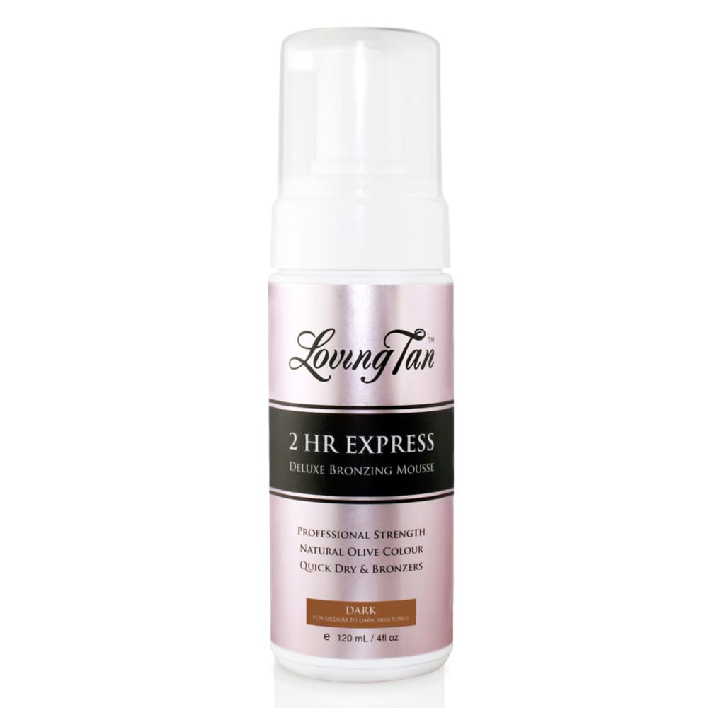 Loving Tan 2 HR Express mousse in dark bottle demonstrates fast-drying formula for a natural tan.