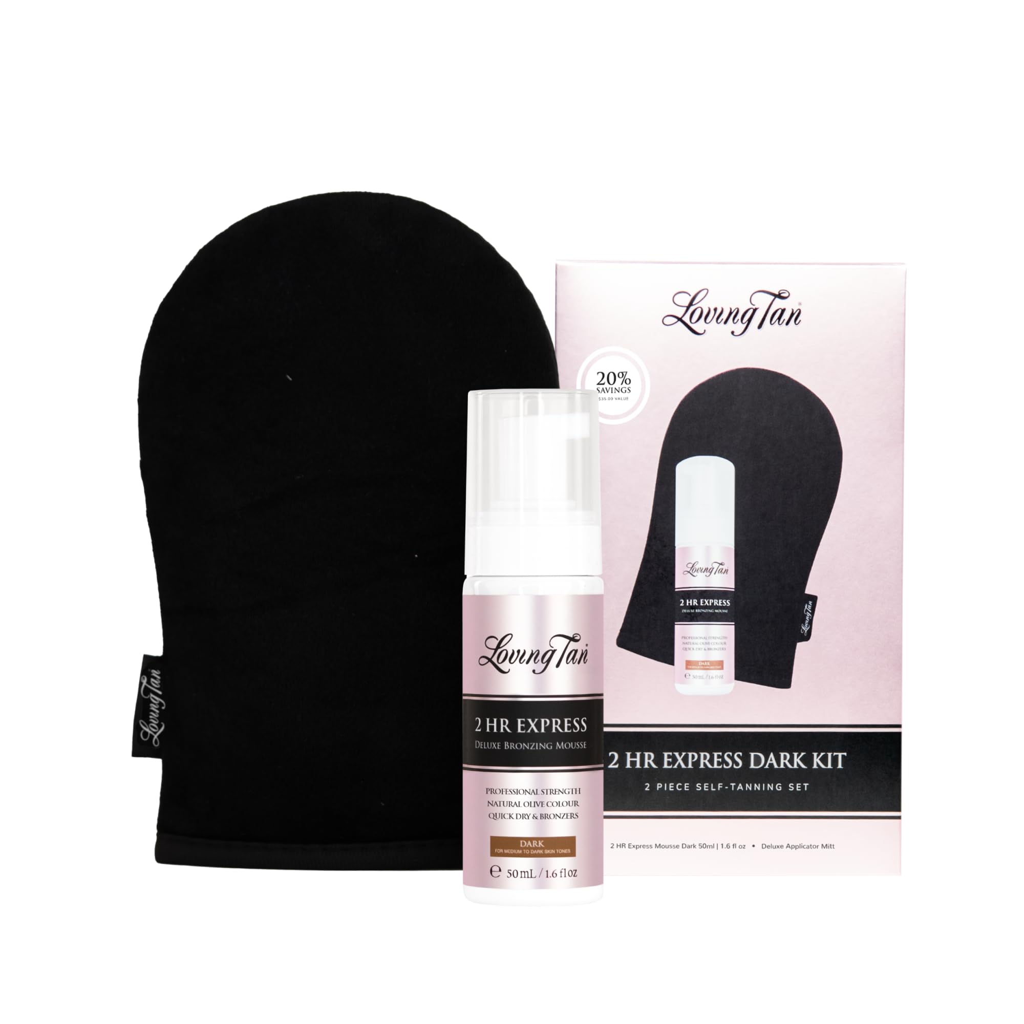 Loving Tan 2HR Express Mousse in dark travel pack for fast, natural bronze.